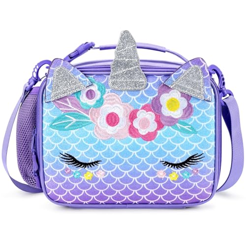 mibasies Unicorn Lunch Bag Kids Insulated Lunch Box for Girls with Water Bottle Holder and Shoulder Strap (Mermaid Blue Purple)