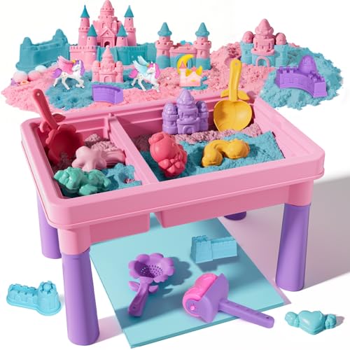 Lehoo Castle Unicorn Sensory Table with Sand Indoor Outdoor Sand Table with Lid for Toddlers Kids Upgraded Adjustable Legs Red & Blue Play Sand Art Kit Preschool Learning Activities Gifts