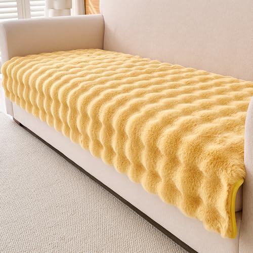 Image of HOKIPO 'FurHug' Luxury Faux Rabbit Fur Anti Slip Sofa Seat Mat for 3 Seater, Honey Yellow (NEW-5015-YLW*1)