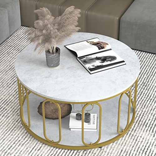 Oseasoy 36" Round Coffee Table,Farmhouse Coffee Table With Rustic Wood Surface Top & Sturdy Metal Legs Industrial Mid Century End Table For Home Living Room Modern Furniture With Storage 2-Tier Shelf #TOP2