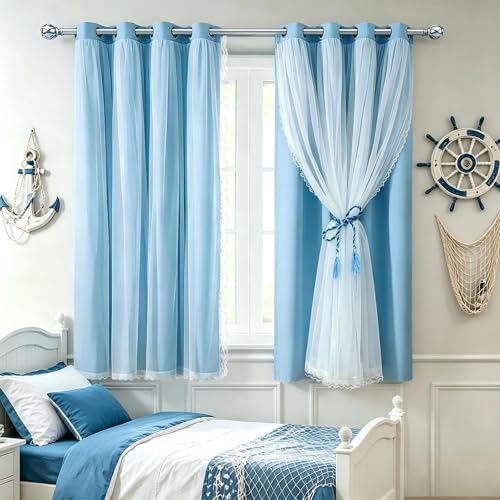 Image of Short Blue Blackout Curtains 63 Inch Length with Sheer - Double Layered Light Blue Grommet Window Treatment for Kids /Children's Boys Bedroom Living Room Nursery, Baby Blue, 2 PCs