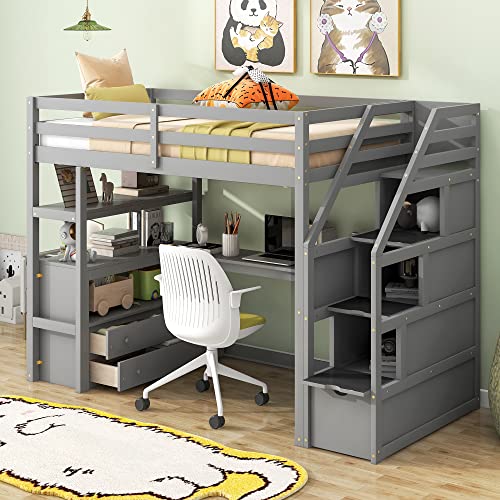 Twin Loft Bed with Stairs and Desk, Wood Loft Bed Frame with Storage Cabinet, High Loft Beds with Drawers & Shelf for Kids, Juniors, Teen, Boys, Girls, Gray