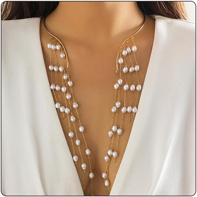 Cuff Necklace For Women, 14k Gold Open Pearl Tassel Crystal Beads Collar Necklaces Summer Trendy Body Chain Gift Jewelry