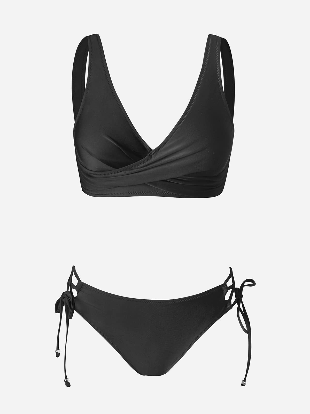 Cupshe, Bikini da donna a incrocio sul davanti e motivo laterale con laccetti, Nero puro., L
