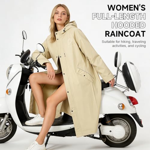 Image of PALAY Raincoat for Women Waterproof Full-Length Hooded Rain Poncho Beige Oversized Long Rain Jacket with Snap-Button&Pockets Trench-Style Rainwear for Hiking, Travel, Motorcycle Riding