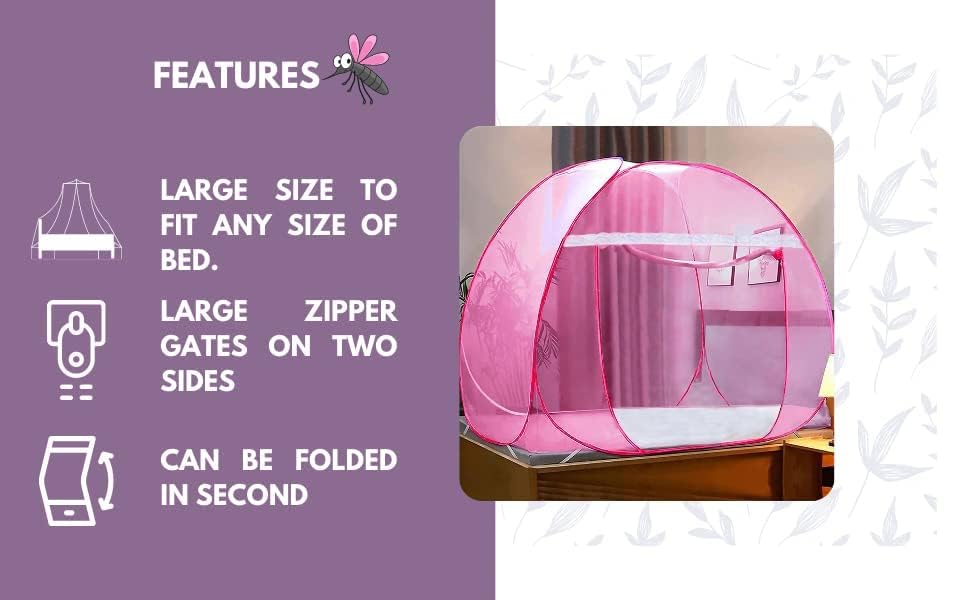 Image of Foldable King Size Mosquito Net | Double Bed Machardani | Durable 30 GSM Polyester Fabric Net Doubell Bed-NEW-2026 Edition (Full Pink)