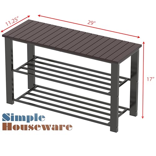 Image of Simple Houseware Wooden Top Shoe Rack Bench for Entryway, Dark Brown | 29 inchW 2-Tier Shoe Storage Organizer, Holds Up to 250 Lb, for Entryway, Bedroom, and Living Room