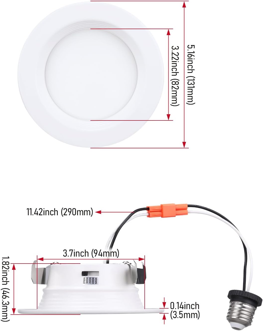 TORCHSTAR 12-Pack 4 Inch LED Can Lights Retrofit Recessed Lighting, CRI90+, 5 Color Selectable, Baffle Metal Trim, 700LM Dimmable Can Lights, E26 & TP24, FCC T24 ETL, 2700K/3000K/3500K/4000K/5000K