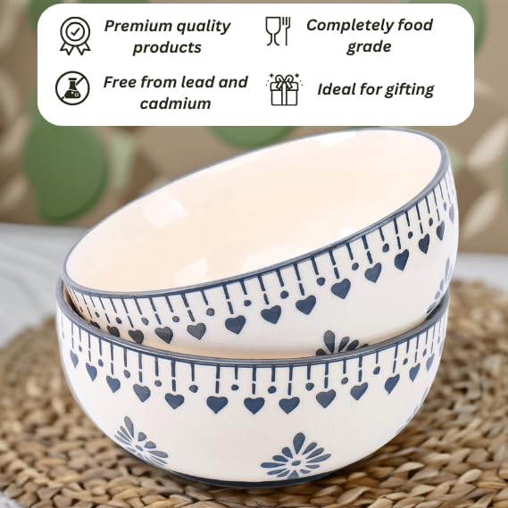 Image of Niyara Ceramic Printed Bowl Set of 2 | Premium Serving Bowls for Snacks, Soup & Desserts | Microwave & Dishwasher Safe (Grey Loral Print)