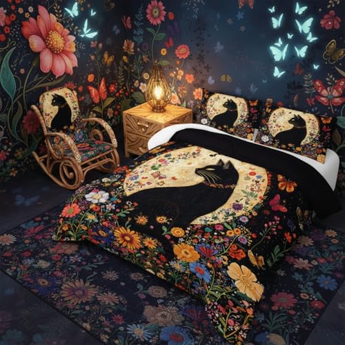 Image of Black Cat Bedding Cartoon Cat Comforter Set Full,Floral Bedding Full Size Bed ,with 1 Comforter with 2 Pillow Case