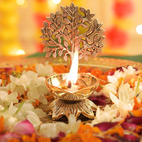 Image of Behoma 100% Pure Brass Kalpavriksha Diya for Puja - Set of 2 | Religious Deepak for Mandir, Temple, Office & Home Decoration | Handcrafted Life Tree Diya for Pooja Room & Housewarming Gift