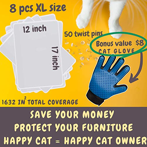 Furniture Protectors from Cats - 8 XL Pack - Cat Scratch Deterrent - Cat Repellent for Furniture - Couch Protector from Cats - Includes Grooming Glove