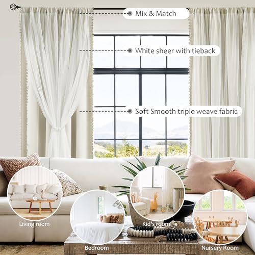 Image of Pom-Pom Blackout Curtains with Sheer Overlay for Bedroom 84 inchL Ivory Mix and Match Double Layer Blackout Curtains for Living Room Nursery Kid's Room Drapes with Tiebacks Rod Pocket 52 inch W x2 Natural