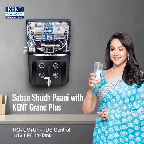 Image of KENT Grand Plus RO Water Purifier | RO+UV+UF+TDS Control+UV in Tank | .0001 Micron RO Membrane | ISI Marked | Auto Flush Feature | 9L Tank | 20 LPH | Ideal For Borewell /Tanker /Municipal Water | Black