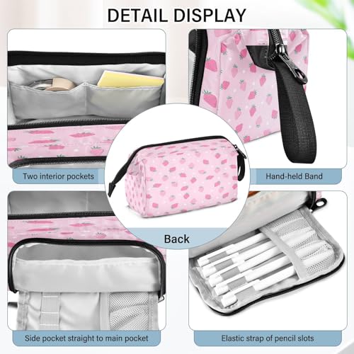Image of Portable Pencil Case Pen Bag with Zipper, Pink Strawberry Polka Dot Large Pencil Pouch Pen Case Stationery Bag for Office School Student, Multifunctional Pen Box for Girl Boy Men Women