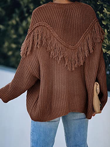 Logene Women's Casual Crewneck Oversize Pullover Sweater Fringe Trimming Cable Knit Sweaters-6L61-Qianzong-M Brown #TOP2