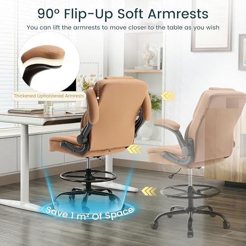 Image of Drafting Chair 500Lbs, Tall Office Chair for Standing Desk, High PU Leather Executive Office Chair with Flip-up Armrests, Ergonomic High Chair with Adjustable Foot Ring, Comfy Stool Chairs, Brown