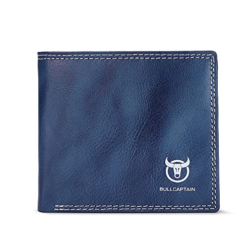 BULLCAPTAIN Men's Leather Wallet with Attached Flip Pocket RFID Protected Slim Bifold with 7 Credit Card Pockets (1-c-Skyblue)