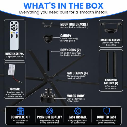 Image of 144-Inch HVLS Industrial Ceiling Fan Large Commercial Ceiling Fan +32,000 CFM with Remote, PMSM Motor, 6 Speeds, Reversible, for Warehouse, Gym, Barn, Shop, Garage | AA-Orion 144 inch (Black)