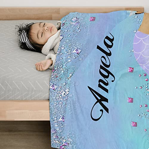 Cute African American Girl Mermaid Personalized Name Soft Fleece Bed Blankets Throws As Birthday Wedding Gifts For Sofa Couch 50'' X 60'' #TOP2