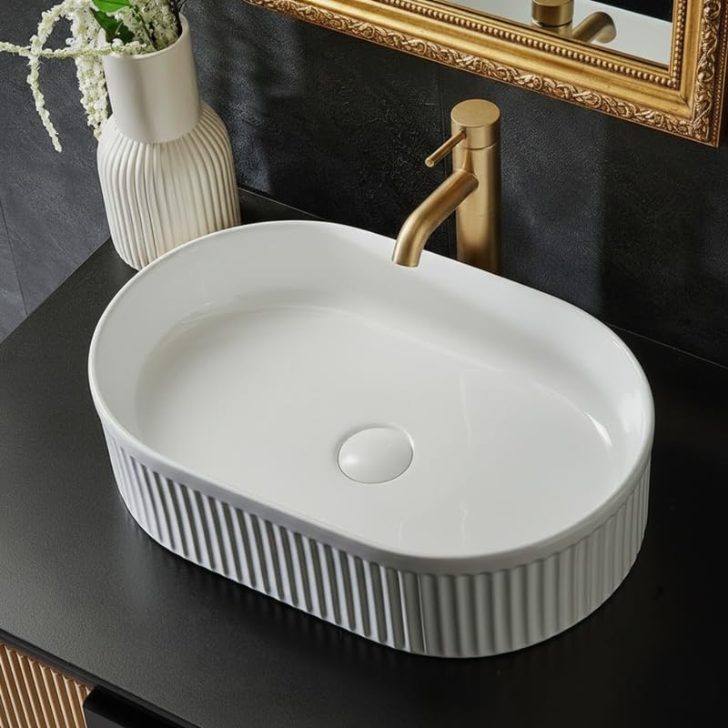 Vasque à poser ovale -50 x 32 cm -Blanc rainuré - RIVA