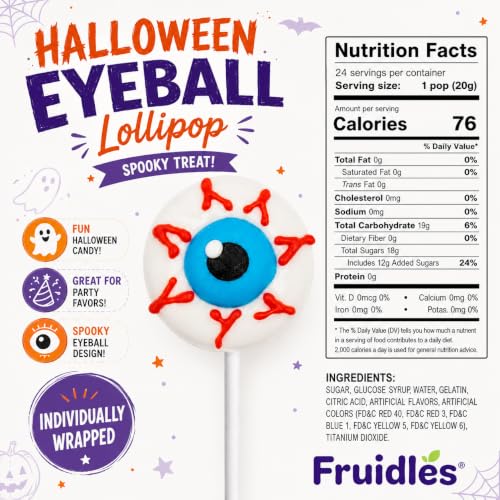 Fruidles 24-Count Halloween Eyeball Lollipops Candy, Trick-Or-Treat Party Bag Fillers, Party Favor (24-Pack) - image 3