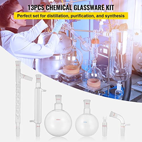 Vevor Glass Organic Chemistry Kit 13Pcs Distillation Kit 24/40 Joints Distillation Apparatus Borosilicate Glass Lab Glassware Kit W/ 1000Ml Round Bottom Flask For Distillations Separation Purification #TOP1