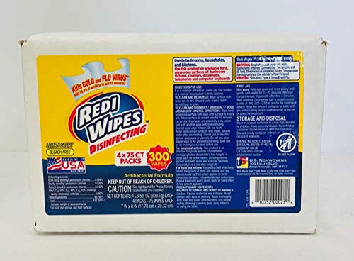 REDI Wipes DISINFECTING I Lemon Scent I Bleach Free I ANITBACTERIAL Formula I 4 X 75CT Packs (300 Wipes) I Made in The USA