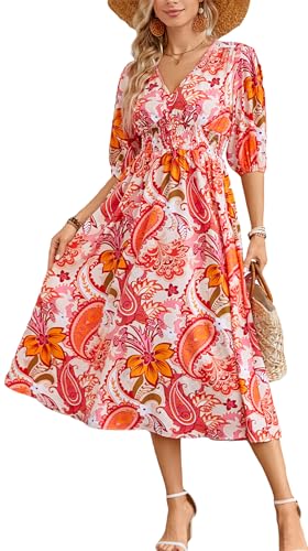 Image of Kormei Women Casual Boho V Neck 3 /4 Sleeve Smocked Waist A Line Swing Midi Long Dress S Orange Pink