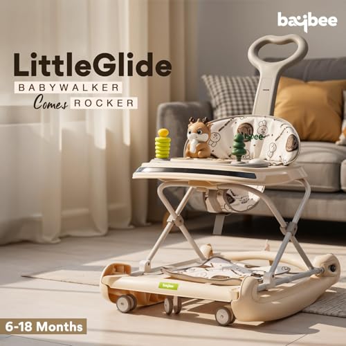 Image of Baybee Little Glide 2 in 1 Baby Walker & Rocker | Baby Walkers for 6-18 Month Baby Boy & Girl | Push Walker with Parent Handle, Foot Mat, 360 Wheels & Musical Toy Tray (Beige)