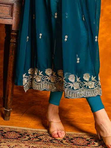 Image of EthnicJunction Women's Georgette Relaxed Fit A Line Embroidered Naira Cut A-Line Kurta | Karva Chauth Special Kurta
