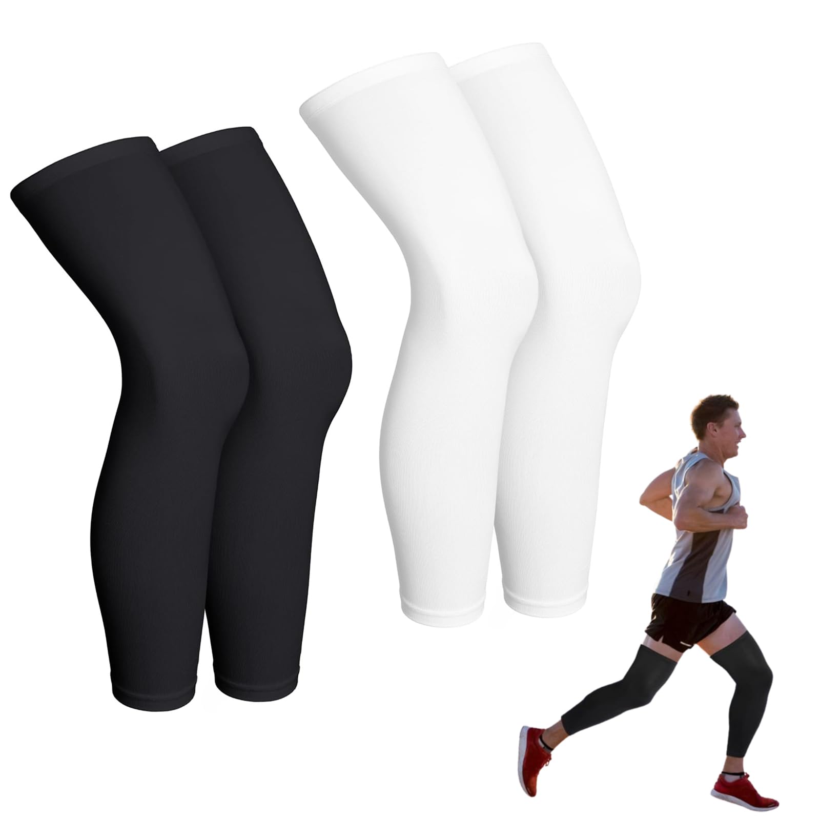 PIMXL 2 Pares Calentadores de Compresión para la Rodilla, Calcetines de Compresión, Mangas de Pierna de Compresión Mangas de Longitud Completa Mangas para Unisex, Rodilla, Muslo (Negro y Blanco)