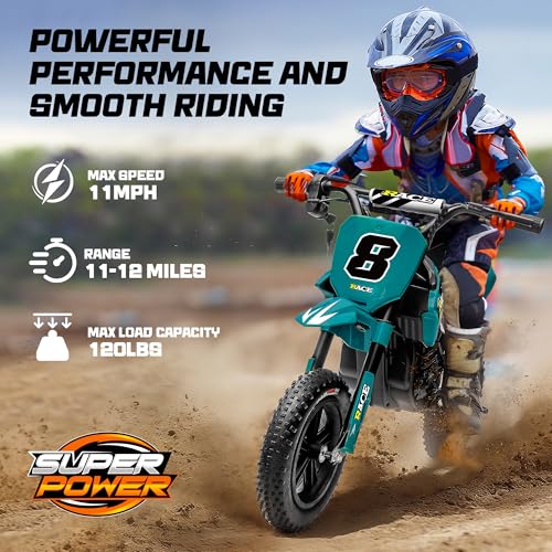 Image of 24V Kids Electric Dirt Bike - 250W Electric Motorcycle, 11 Mph Max Speed Electric Motorcycle Mini Bike with Music, 10 Miles Range, Twist Grip Throttle, Metal Suspension, Rubber Tires (Dark Green)