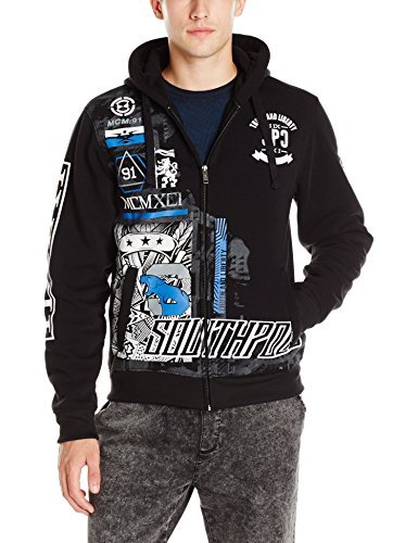 Southpole Men's Long Sleeve Hooded Full Zip Fleece with Patch Like Graphices On Chest and Arms
