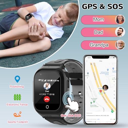 Wonlex 4G Kids Smartwatch with SIM Card, GPS Smart Watch for Kids, Health Monitor Phone Watch With Temperature, Video Calls, Camera, Pedometer, Alarm, Music Player for Boys Girls Aged 4-15 (Black)4