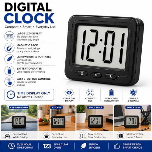 Image of Mini Digital LCD Clock | 6cm Small Desk Table for Bedroom, Office & Study | Magnetic Back for Wall /Fridge | 12 Hour Time Format | Battery Operated