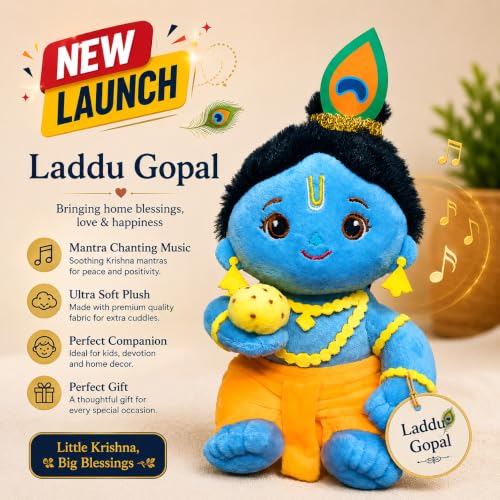 Image of AVSHUB Baby Laddu Gopal Krishna Plush Soft Toy with Mantra Chanting Music | Cute Bal Krishna Stuffed Doll with Laddu | Religious Gift for Kids, Janmashtami & Home Decor (Multicolor, 20 cm)