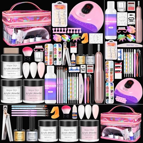 Major Dijit Acryl Nägel Starterset mit UV Lampe Acryl Nagel Set für Anfänger Acrylpulver Nagelfeile Nägel Selber Machen Set für luxuriöse Maniküre daheim Pink Kosmetiktasche Salonqualität