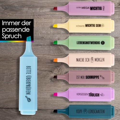 OfficeTree 8x Textmarker mit Sprüchen - Pastell Farben - inkl. Aufbewahrungsbox - motivierende und lustige Marker für Büro Uni Schule - Textmarker lustig als Geschenkidee - lustige Bürostifte