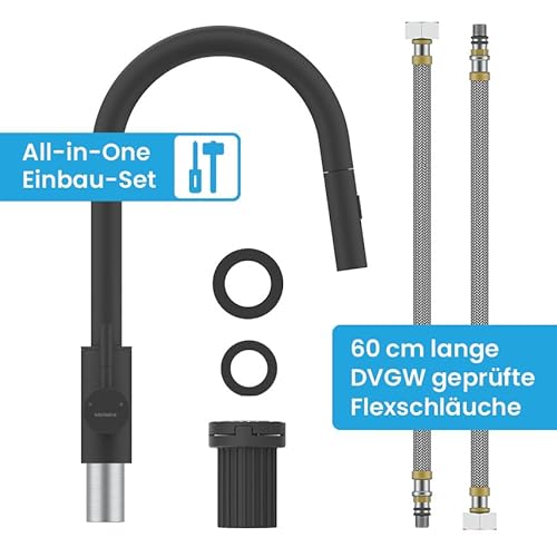 Bächlein Küchenarmatur Kocuso – 360 Grad schwenkbar (matt schwarz) – Einhand-Spültischbatterie aus Edelstahl mit ausziehbarem Schlauch und Brause mit Umschalt-Taste, Wasserhahn für die Küche