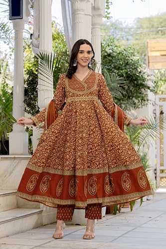 Image of Pistaa's Women's Pure Cotton Anarkali Floral Printed Hand Work Kurta with Pant & Dupatta Set