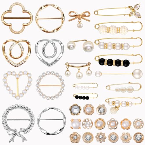 Image of 12-45PCS Scarf Ring Clip Pearl Brooch Pins - T-shirt Sweater Shawl Ties Clips Clothes Corner Knotted Button Fashion Metal Round Circle Shirt Clip Buckle Brooches for Women Girls Gift