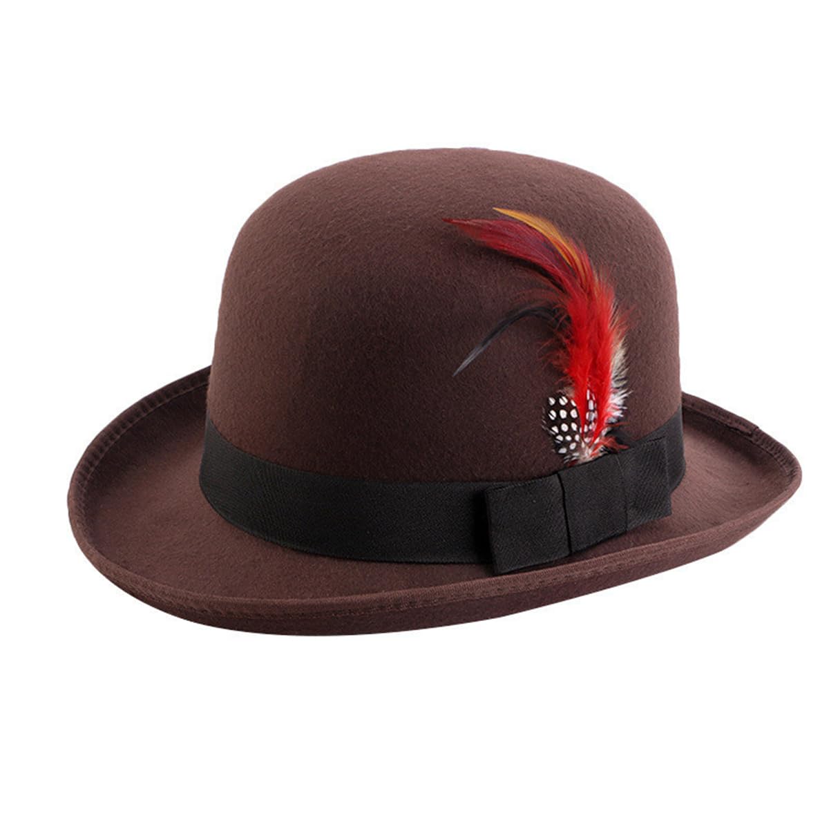 Panchitalk Classic Fedora Hat with Feather Bowler Dome Hard Faux Woolen Top Hat for Men Women (Coffee)