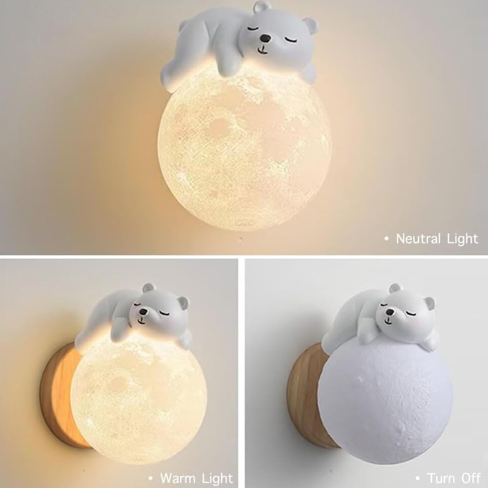 LED Mond Wandlampe Innen Bären Wandleuchte Holz Cartoon Mond Lampe Moderne Dekoration Wandbeleuchtung Jungen und Mädchen Kinderzimmerlampe G9 Nachttischlampe für Schlafzimmer Wohnzimmer Flur