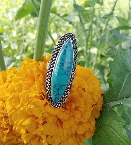 Turquoise Ring, Sterling Silver Ring, Gemstone Statement Ring, Bohemian Jewelry, Promise Ring, Long Ring, Vintage Style, Turquoise Jewelry, Full Finger Ring, Marquise Stone Ring, Bridal Gift For Her