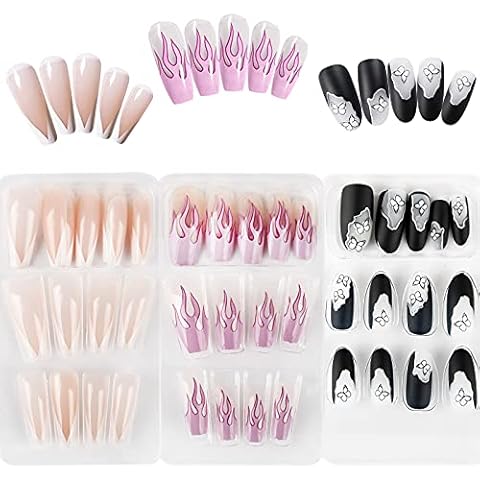 FLOFIA 72Stk. Künstliche Nägel Flammen Falsche Nägel zum Aufkleben Lang Kunstnägel Ballerina French Schmetterlinge Fingernägel Cover