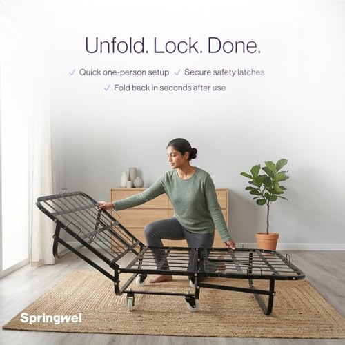 Image of Springwel Ultimate Rollaway Folding Metal Single Bed | 6 - Inch Foldable Mattress for Extra Comfort | Lockable Wheels | 190x90 cm | Black