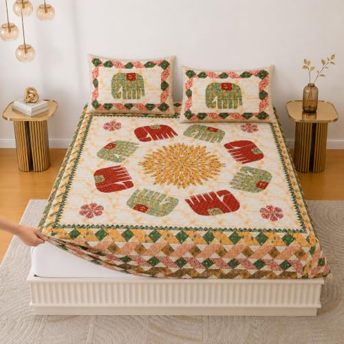 Image of Jaipur Weaves Bedsheet King Size 100% Pure Cotton Bed Sheet with 2 Pillow Covers, 144 TC Premium Bedding Set, 72x78 inches,(Royal Elephants Green, Super King Fitted)
