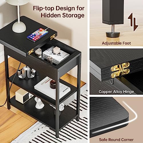 Houit End Table With Charging Station, Narrow Flip Top Side Table With Usb Ports And Outlets, Nightstand With Storage For Small Spaces, Bedside Tables For Living Room, Bedroom - Black #TOP4