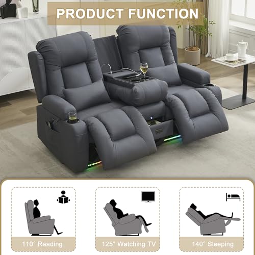 Image of URRED Power Loveseat Recliner Sofa with Massage and Heat, Wall Hugger Reclining Loveseat with Console, RV Couch Home Theater Seating with LED Lights for Living Room (Blue Grey, 67 inch - 2 Seats)